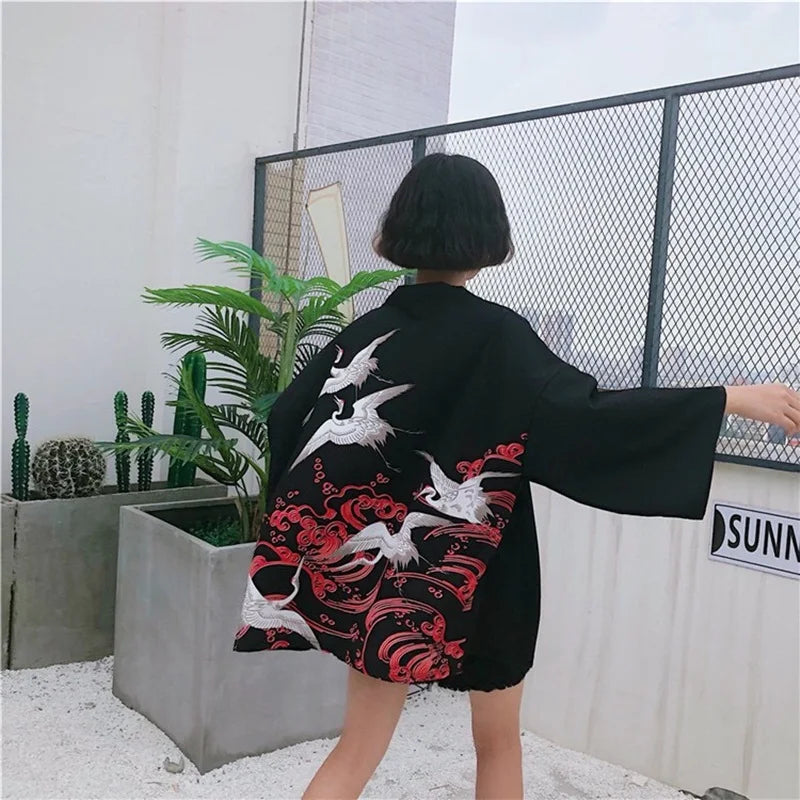 kawaiies-softtoys-plushies-kawaii-plush-Japanese-themed White Cranes Red Black Women's Kimono Kimono 