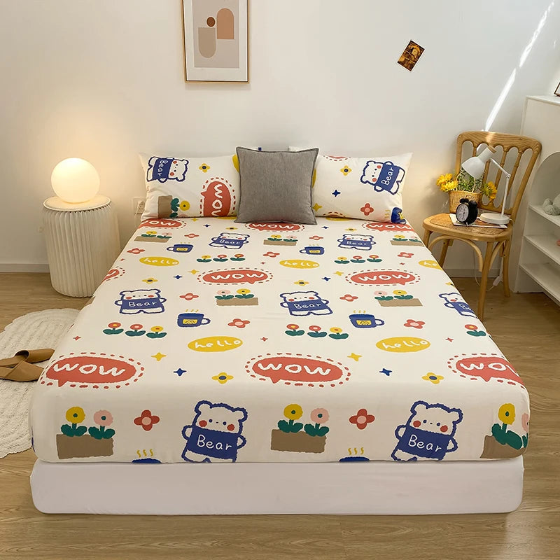 kawaiies-softtoys-plushies-kawaii-plush-Kawaii Blue Bear Fitted Bed Sheet Bedding Sets Cream Single Bedsheet 