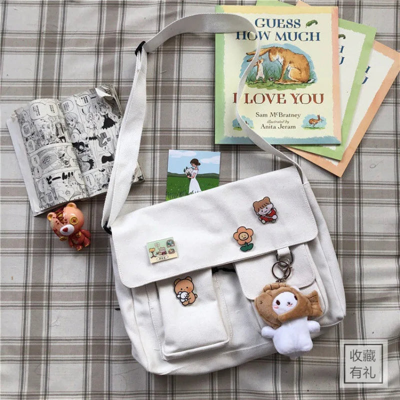 kawaiies-softtoys-plushies-kawaii-plush-Kawaii Canvas Black White Bookbag Apparel White With Bear Keychain 