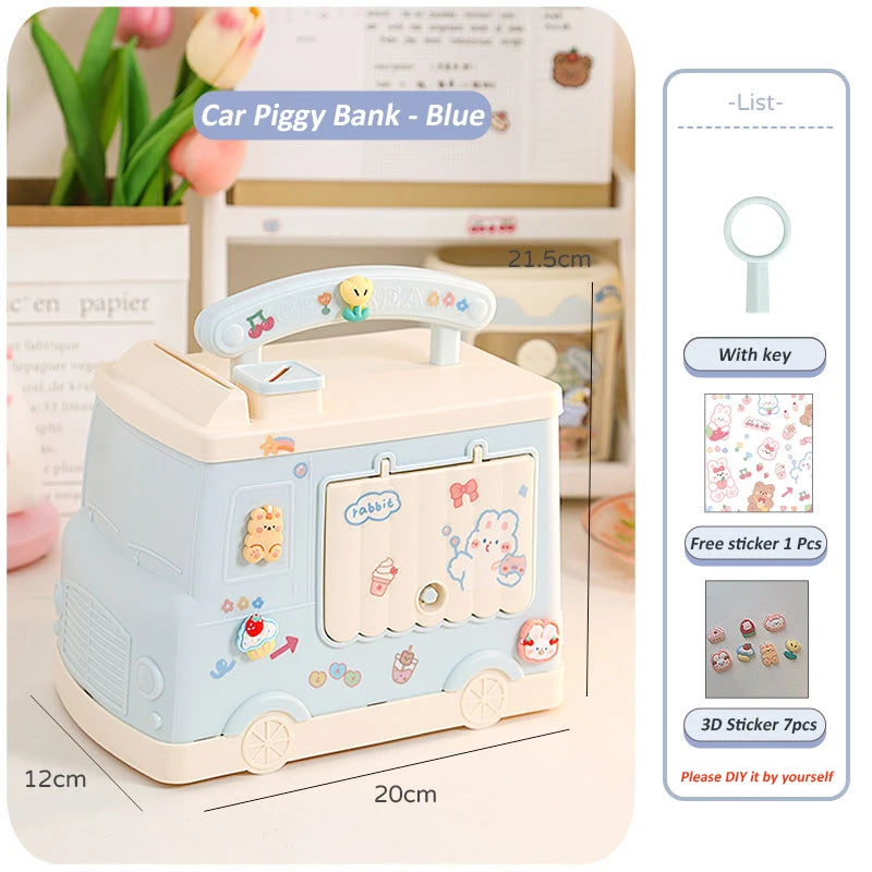 kawaiies-softtoys-plushies-kawaii-plush-Kawaii Car Piggy Bank Organisers Blue Car with 3D Stickers 