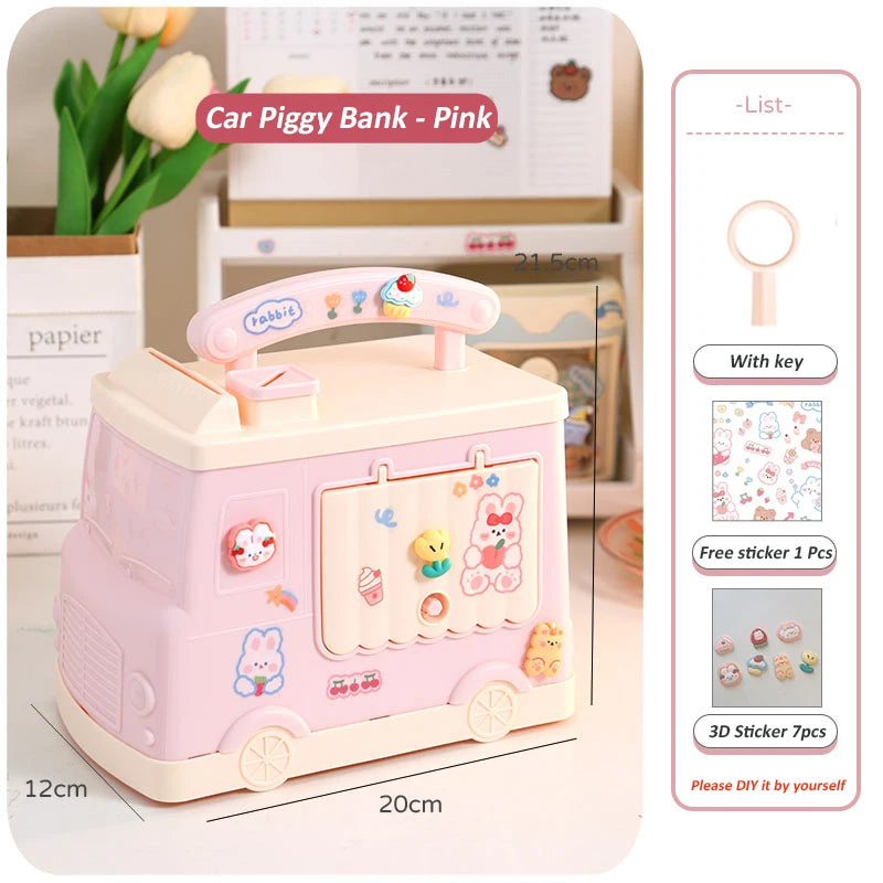 kawaiies-softtoys-plushies-kawaii-plush-Kawaii Car Piggy Bank Organisers Pink Car with 3D Stickers 