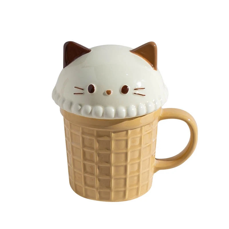 kawaiies-softtoys-plushies-kawaii-plush-Kawaii Cat Rabbit Panda Waffle Ceramic Mug with Lid Home Decor Yellow Cat 