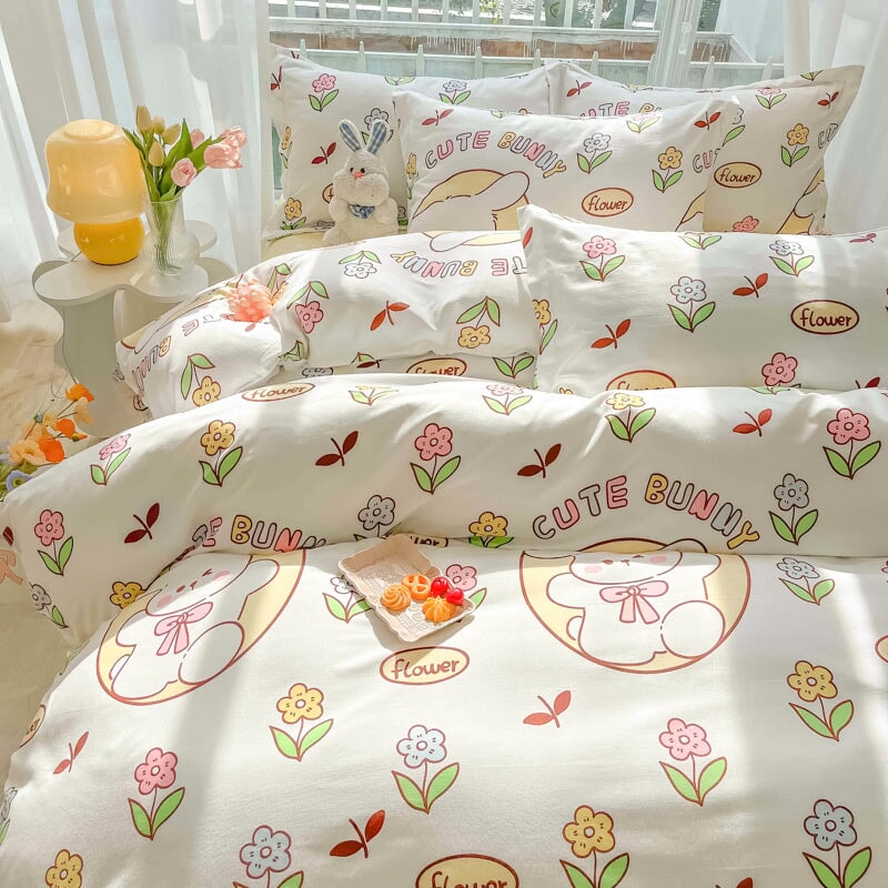 kawaiies-softtoys-plushies-kawaii-plush-Kawaii Dreamy Floral Bunny 120gsm Polyester Bedding Set Collection Bedding Sets 