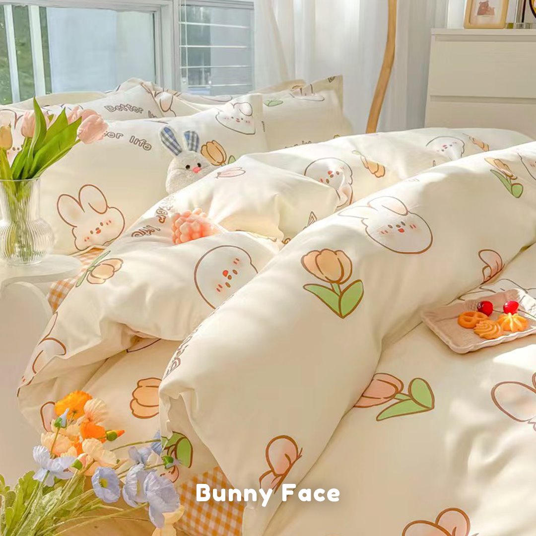 Bedding Set Aesthetic Rabbit Bear Twin Duvet Cover Flat Sheet