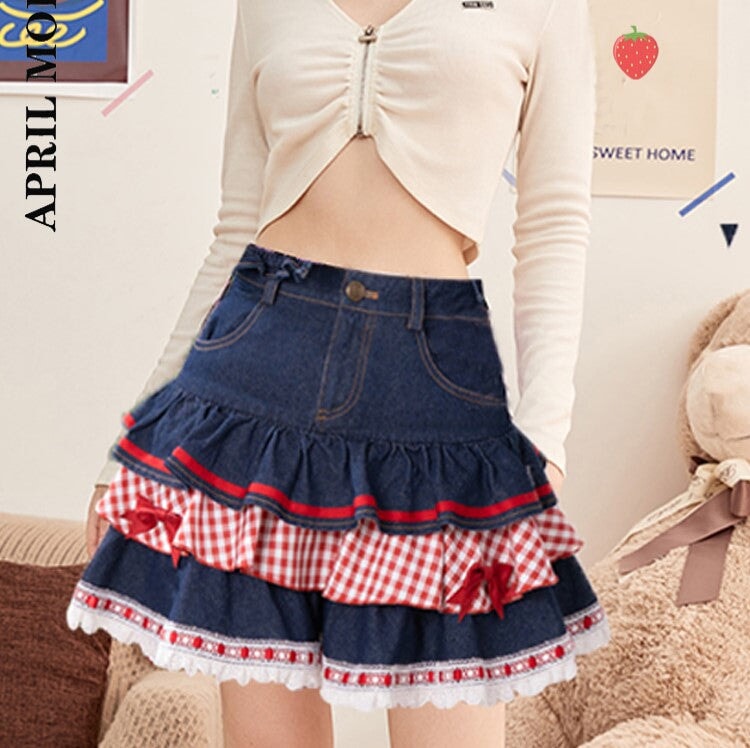 kawaiies-softtoys-plushies-kawaii-plush-Kawaii Harajuku Japanese-themed Lolita Mini Denim Checked Women's Skirt Apparel 