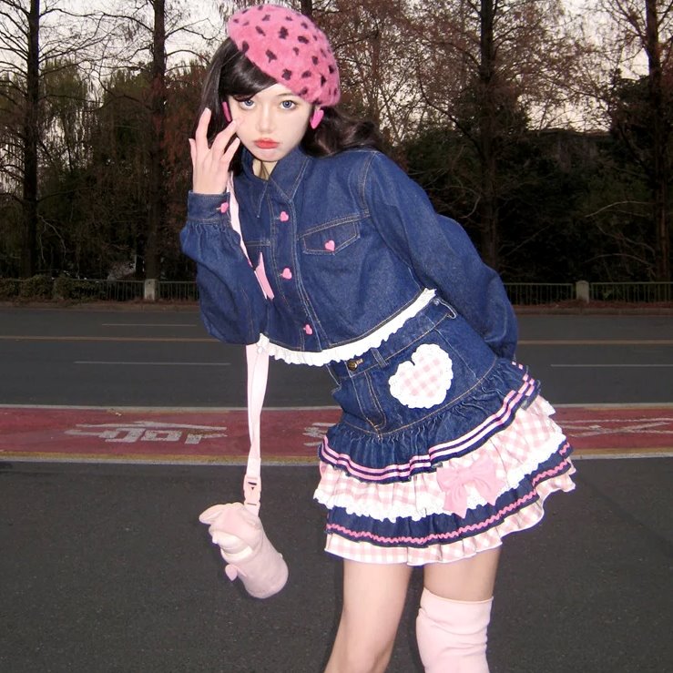 kawaiies-softtoys-plushies-kawaii-plush-Kawaii Harajuku Japanese-themed Lolita Mini Denim Checked Women's Skirt Apparel 