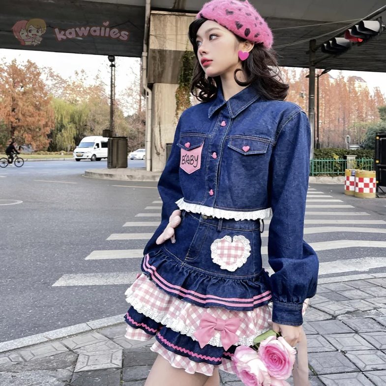 kawaiies-softtoys-plushies-kawaii-plush-Kawaii Harajuku Japanese-themed Lolita Mini Denim Checked Women's Skirt Apparel 