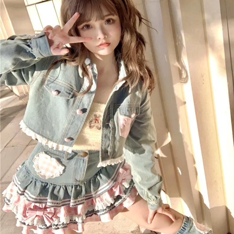 kawaiies-softtoys-plushies-kawaii-plush-Kawaii Harajuku Japanese-themed Lolita Mini Denim Checked Women's Skirt Apparel 