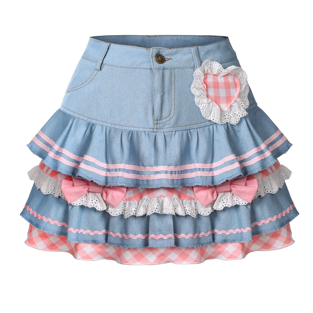 kawaiies-softtoys-plushies-kawaii-plush-Kawaii Harajuku Japanese-themed Lolita Mini Denim Checked Women's Skirt Apparel 