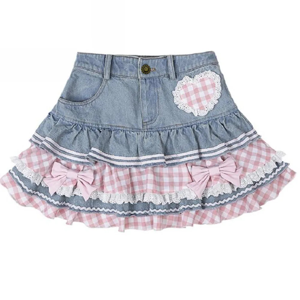 kawaiies-softtoys-plushies-kawaii-plush-Kawaii Harajuku Japanese-themed Lolita Mini Denim Checked Women's Skirt Apparel 