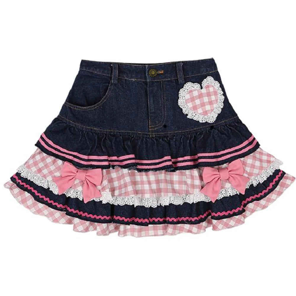 kawaiies-softtoys-plushies-kawaii-plush-Kawaii Harajuku Japanese-themed Lolita Mini Denim Checked Women's Skirt Apparel 