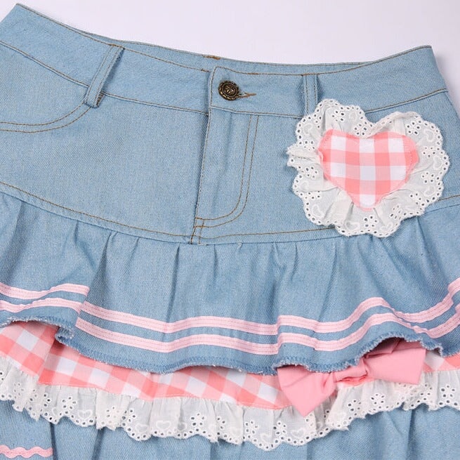 kawaiies-softtoys-plushies-kawaii-plush-Kawaii Harajuku Japanese-themed Lolita Mini Denim Checked Women's Skirt Apparel 