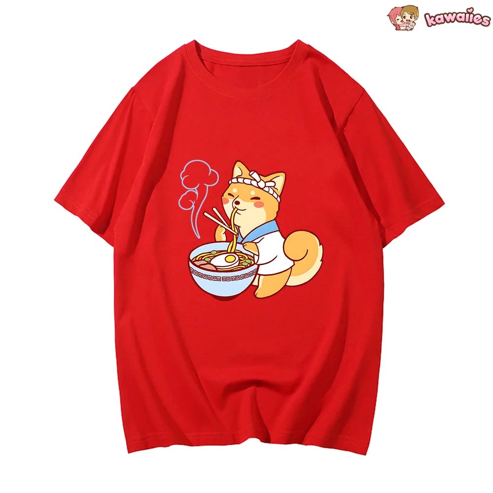 kawaiies-softtoys-plushies-kawaii-plush-Kawaii Shiba Inu Enjoying Ramen Women's Tee Top Tops 