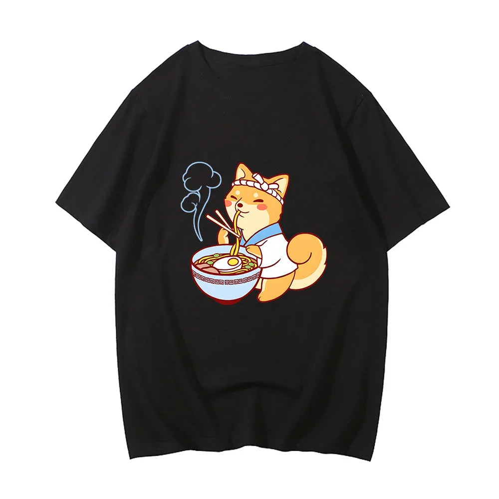 kawaiies-softtoys-plushies-kawaii-plush-Kawaii Shiba Inu Enjoying Ramen Women's Tee Top Tops Black XS 