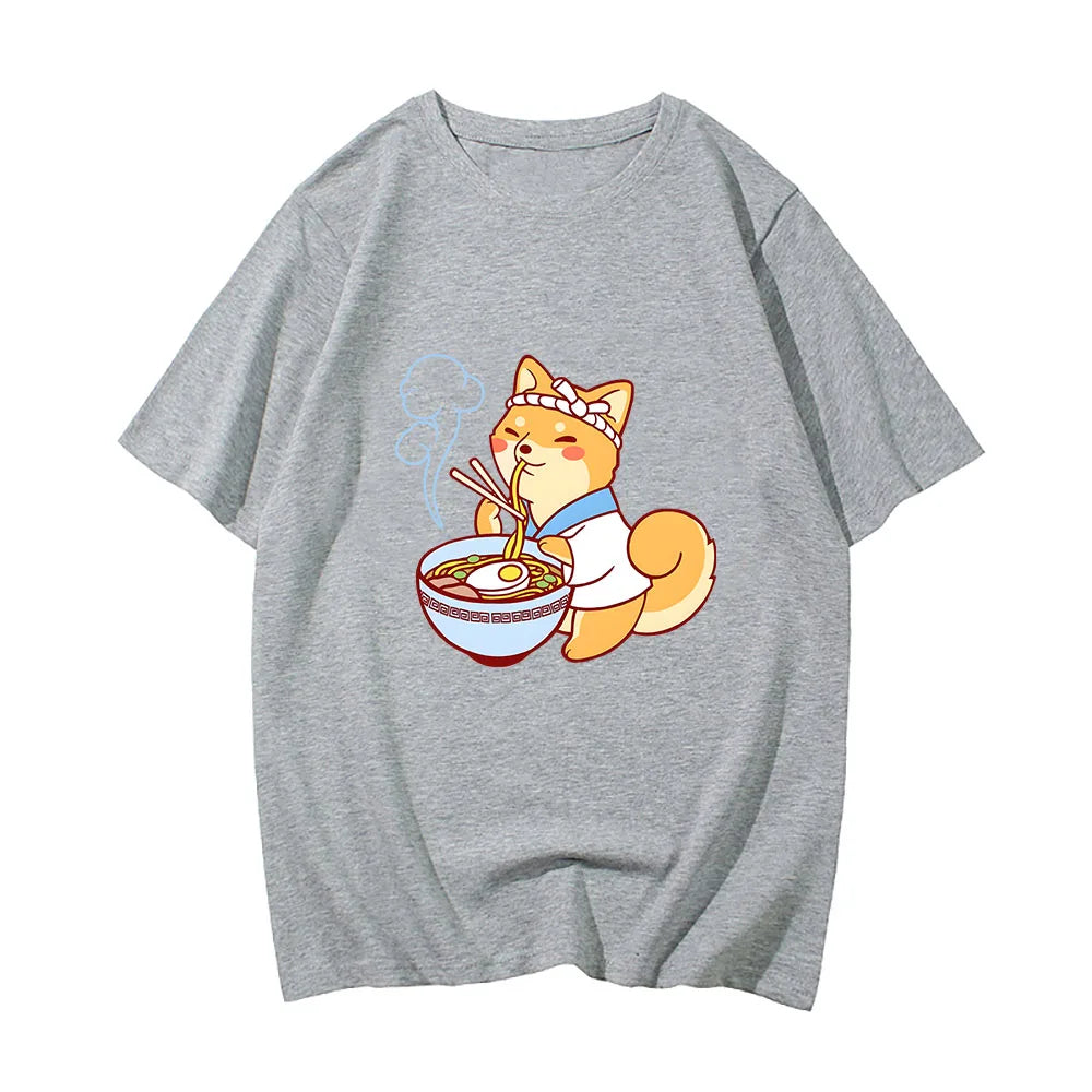 kawaiies-softtoys-plushies-kawaii-plush-Kawaii Shiba Inu Enjoying Ramen Women's Tee Top Tops Gray XS 