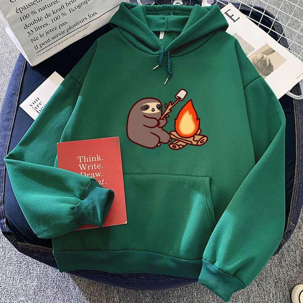 kawaiies-softtoys-plushies-kawaii-plush-Kawaii Sloth Cooking Marshmallow Campfire Unisex Hoodie Apparel Dark Green XS 