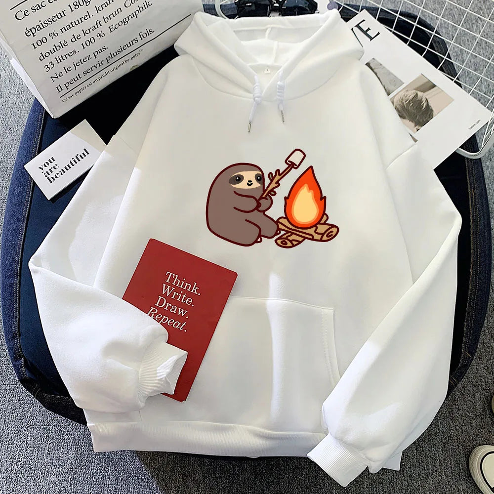 kawaiies-softtoys-plushies-kawaii-plush-Kawaii Sloth Cooking Marshmallow Campfire Unisex Hoodie Apparel White XS 