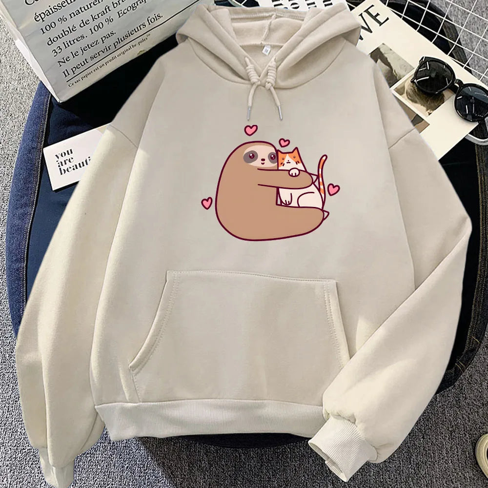 kawaiies-softtoys-plushies-kawaii-plush-Kawaii Sloth Hugging Cat Unisex Hoodie Apparel Cream XS 