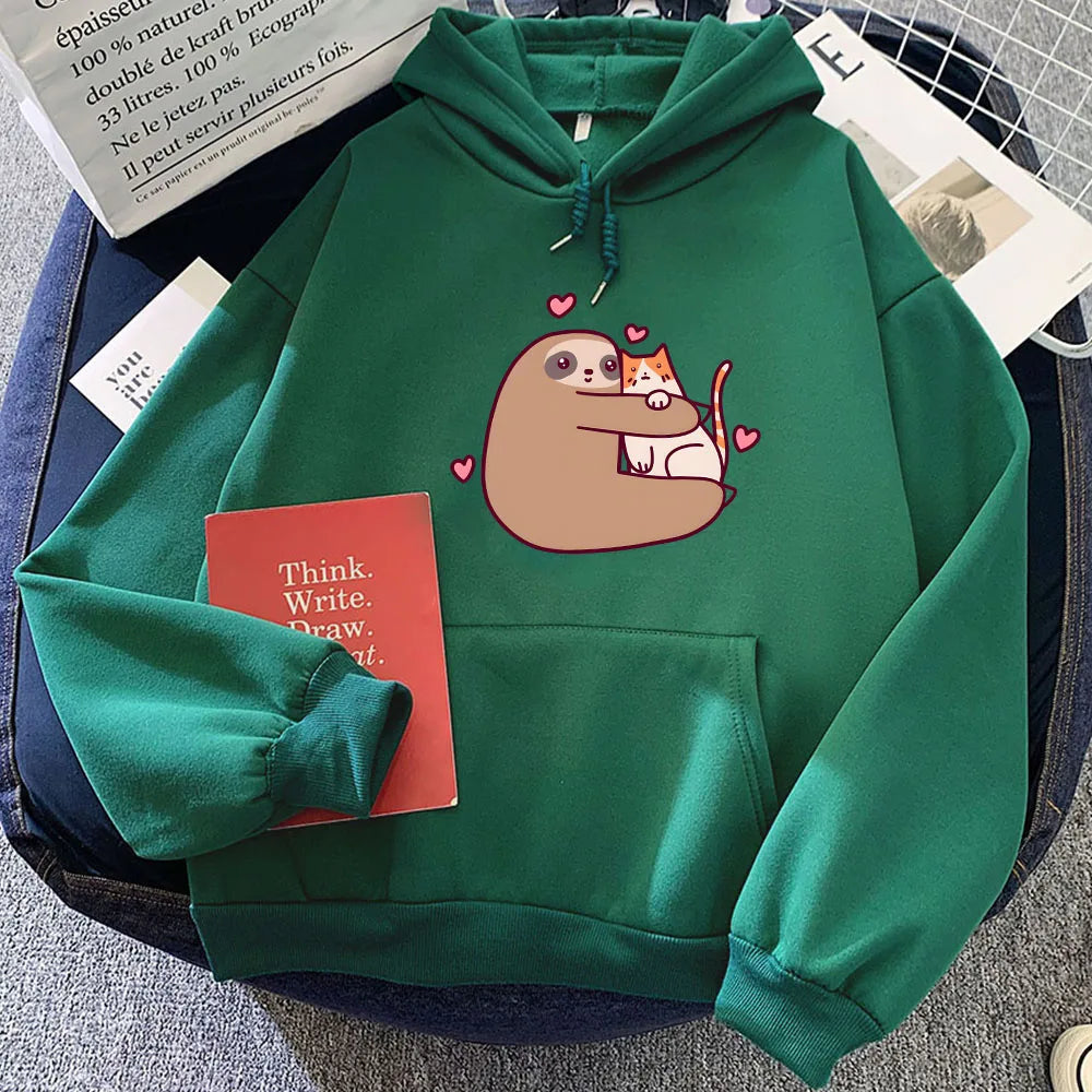 kawaiies-softtoys-plushies-kawaii-plush-Kawaii Sloth Hugging Cat Unisex Hoodie Apparel Dark Green XS 