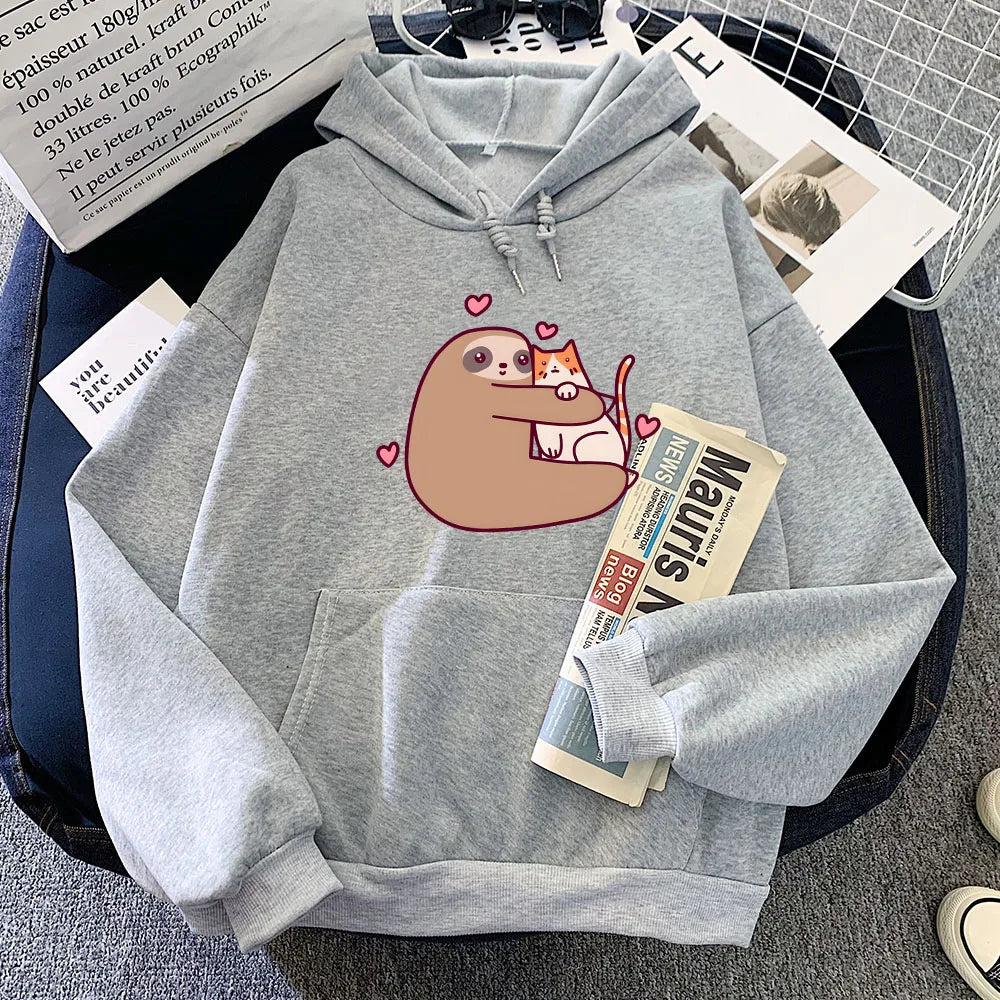 kawaiies-softtoys-plushies-kawaii-plush-Kawaii Sloth Hugging Cat Unisex Hoodie Apparel Gray XS 