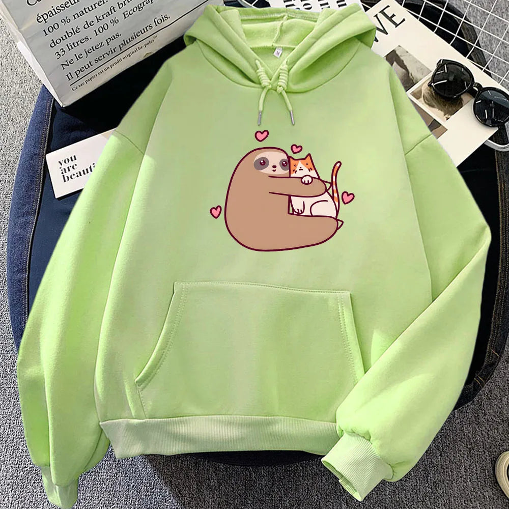 kawaiies-softtoys-plushies-kawaii-plush-Kawaii Sloth Hugging Cat Unisex Hoodie Apparel Light Green XS 