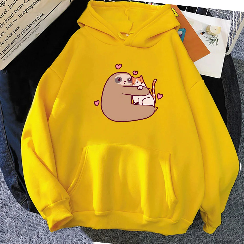 kawaiies-softtoys-plushies-kawaii-plush-Kawaii Sloth Hugging Cat Unisex Hoodie Apparel Yellow XS 