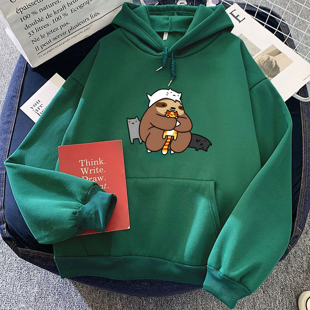 kawaiies-softtoys-plushies-kawaii-plush-Kawaii Sloth with Cats Unisex Hoodie Apparel Dark Green 3XL 