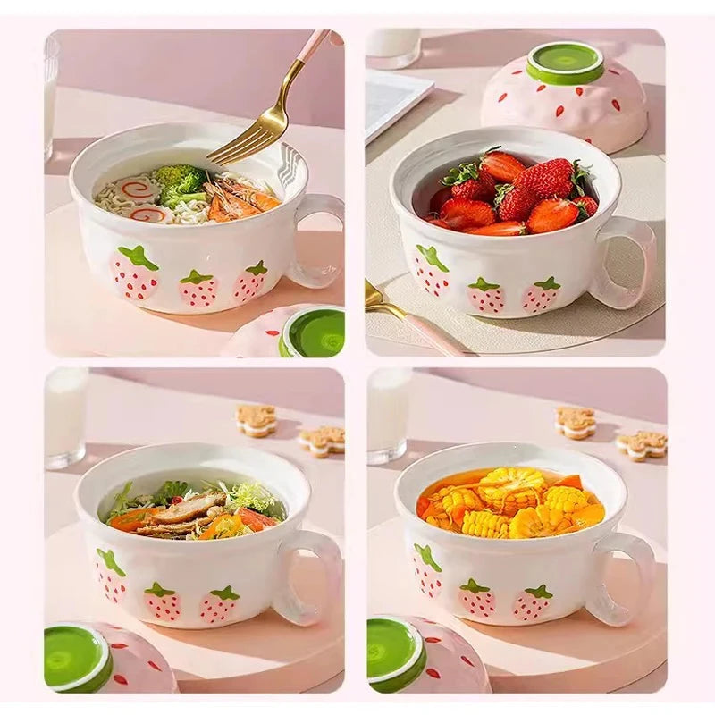 kawaiies-softtoys-plushies-kawaii-plush-Kawaii Strawberry Giant Ceramic Ramen Bowl with Lid (700ML) Home Decor 