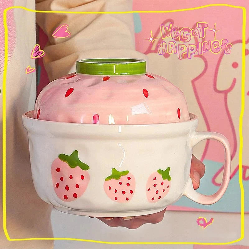 kawaiies-softtoys-plushies-kawaii-plush-Kawaii Strawberry Giant Ceramic Ramen Bowl with Lid (700ML) Home Decor 