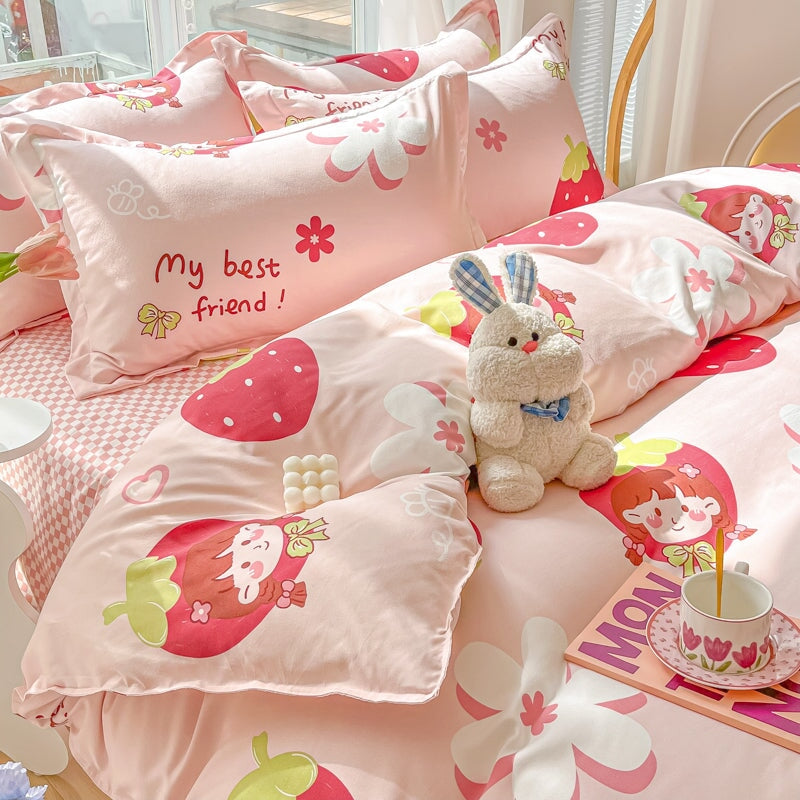 kawaiies-softtoys-plushies-kawaii-plush-Kawaii Strawberry Print 120gsm Polyester Bedding Sets | NEW Bedding Sets 