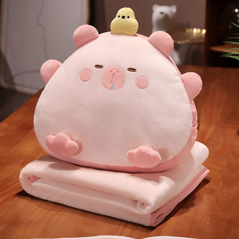 kawaiies-softtoys-plushies-kawaii-plush-Kawaii Triangle Capybara Plush Pillows With Blanket Soft toy Pink With Small Blanket 