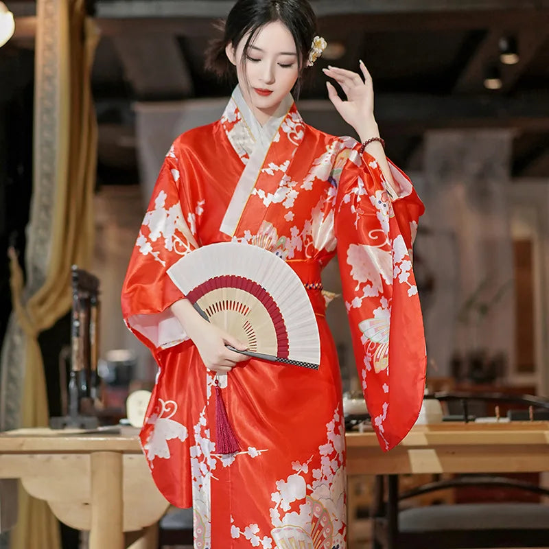 kawaiies-softtoys-plushies-kawaii-plush-Long Traditional Japanese-themed Beautiful Floral Women's Kimono Kimono Red 