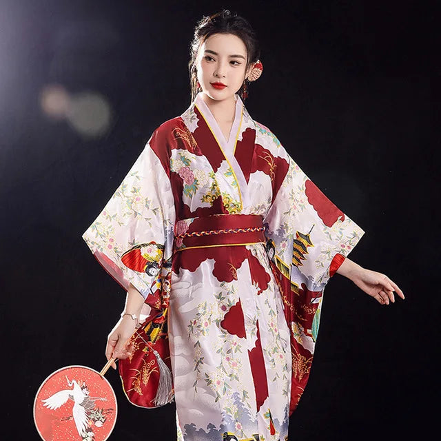 kawaiies-softtoys-plushies-kawaii-plush-Long Traditional Japanese-themed Floral Women's Kimono Kimono Burgundy 