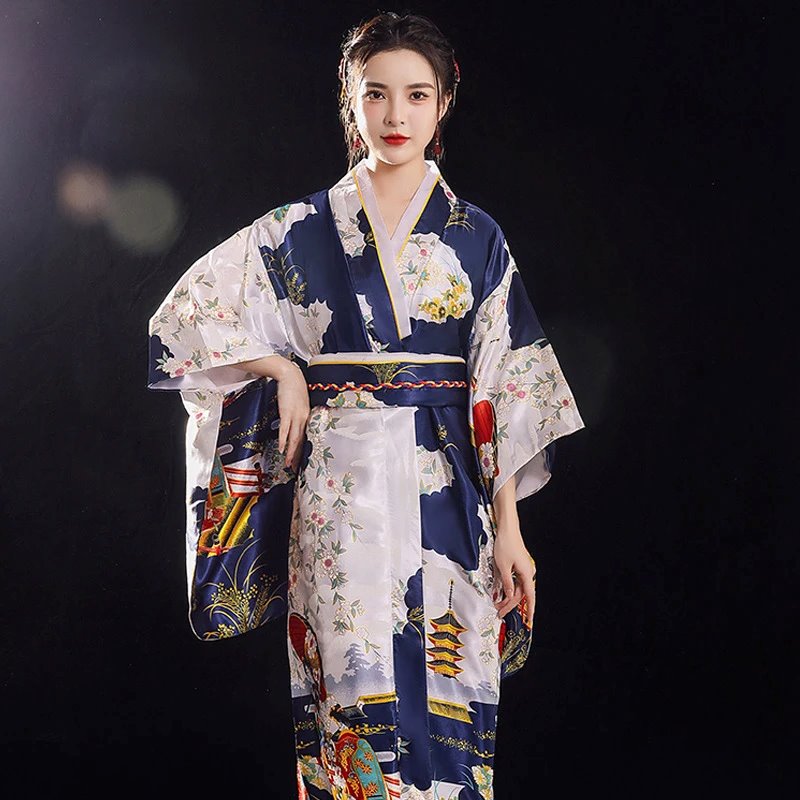 kawaiies-softtoys-plushies-kawaii-plush-Long Traditional Japanese-themed Floral Women's Kimono Kimono Navy 