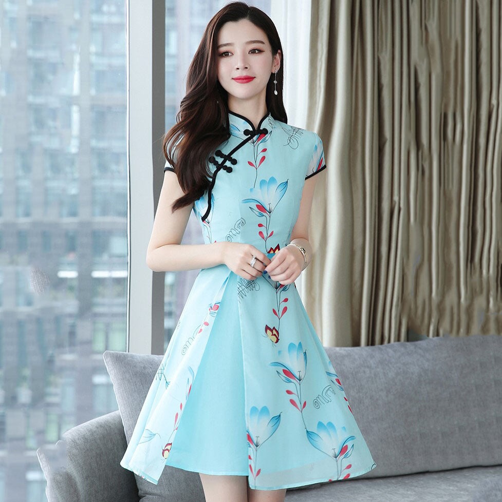 kawaiies-softtoys-plushies-kawaii-plush-Modern Lotus Chiffon Qipao Cheongsam Dress Apparel Sky Blue M 