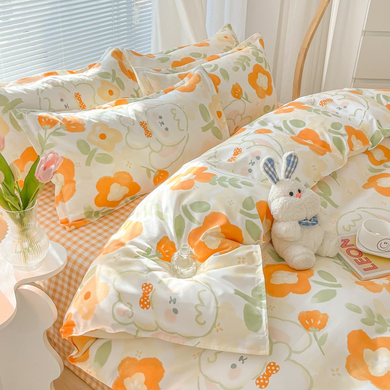 kawaiies-softtoys-plushies-kawaii-plush-Orange Blue Floral Kawaii Bunny 120gsm Polyester Bedding Set Bedding Sets 