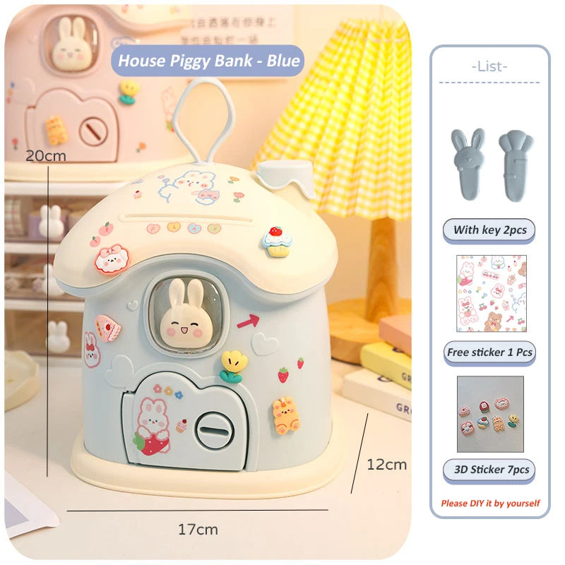 kawaiies-softtoys-plushies-kawaii-plush-Pastel Bunny House Piggy Bank Organisers Blue House with 2D + 3D Stickers 