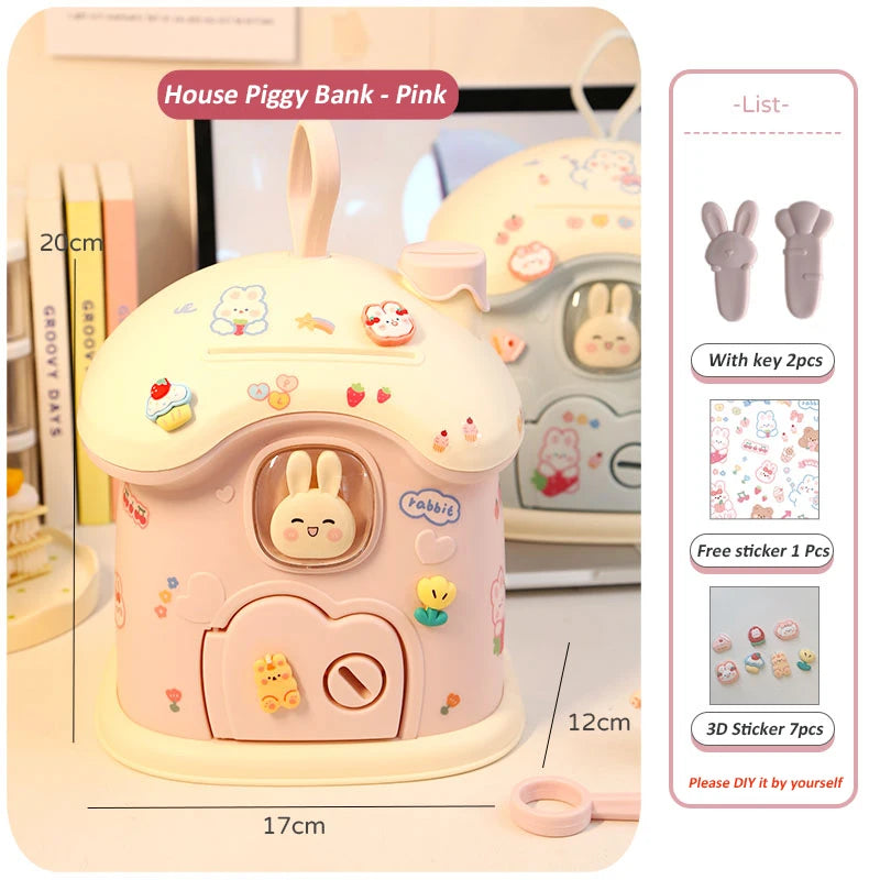 kawaiies-softtoys-plushies-kawaii-plush-Pastel Bunny House Piggy Bank Organisers Pink House with 2D + 3D Stickers 