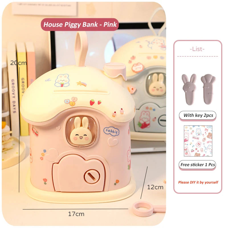 kawaiies-softtoys-plushies-kawaii-plush-Pastel Bunny House Piggy Bank Organisers Pink House with 2D Stickers 