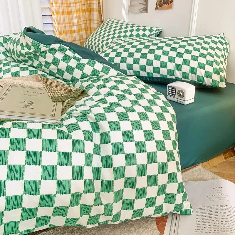 kawaiies-softtoys-plushies-kawaii-plush-Pastel Green Checked Plaid Bedding Set Bedding Sets 