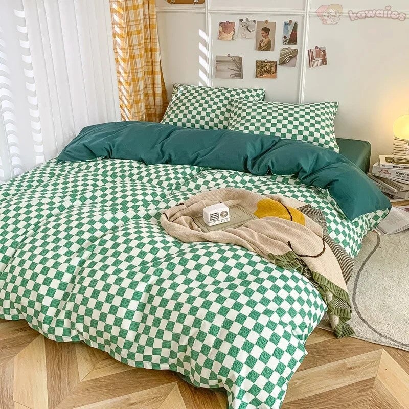 kawaiies-softtoys-plushies-kawaii-plush-Pastel Green Checked Plaid Bedding Set Bedding Sets 