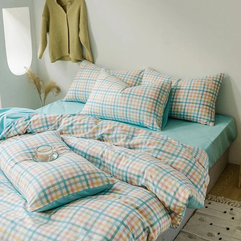 kawaiies-softtoys-plushies-kawaii-plush-Pastel Green Checked Plaid Bedding Set Bedding Sets 