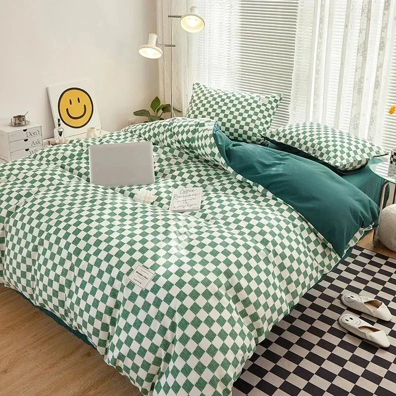 kawaiies-softtoys-plushies-kawaii-plush-Pastel Green Checked Plaid Bedding Set Bedding Sets Darker Single 