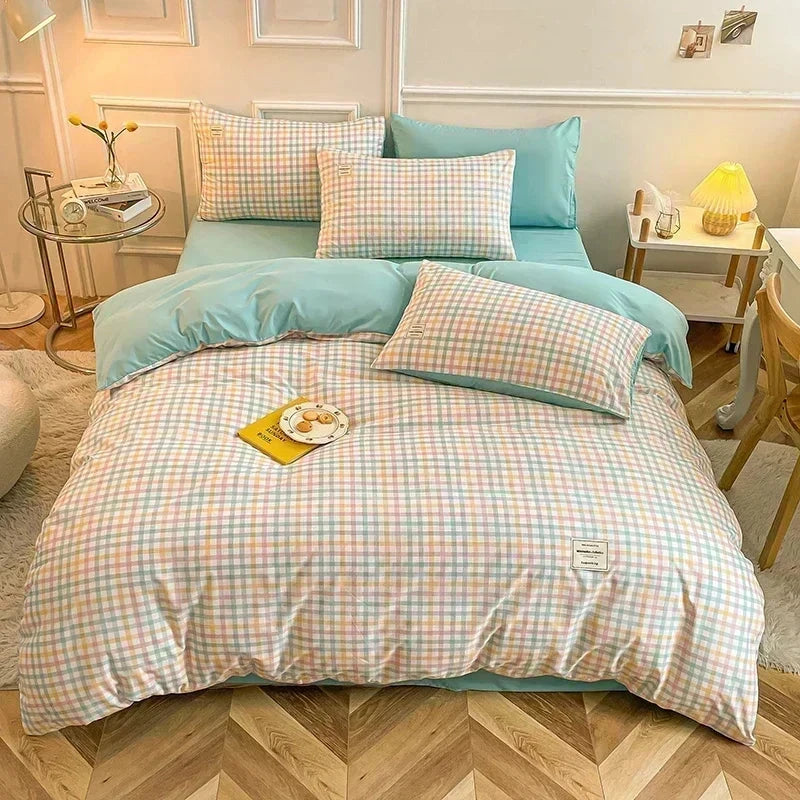 kawaiies-softtoys-plushies-kawaii-plush-Pastel Green Checked Plaid Bedding Set Bedding Sets Lighter Single 