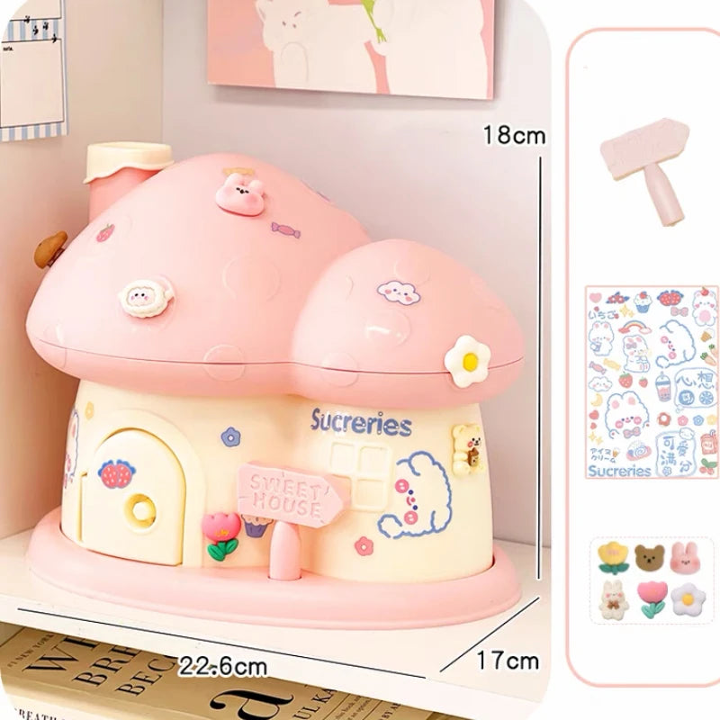 kawaiies-softtoys-plushies-kawaii-plush-Pastel Mushroom House Piggy Bank Organisers Pink with 3D Stickers 