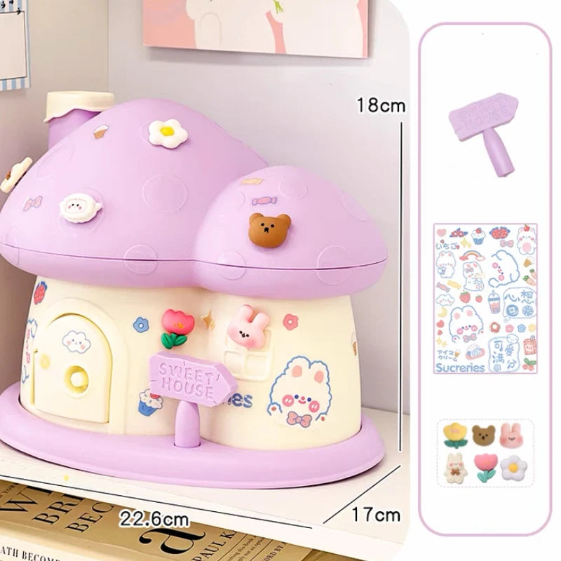 kawaiies-softtoys-plushies-kawaii-plush-Pastel Mushroom House Piggy Bank Organisers Purple with 3D Stickers 