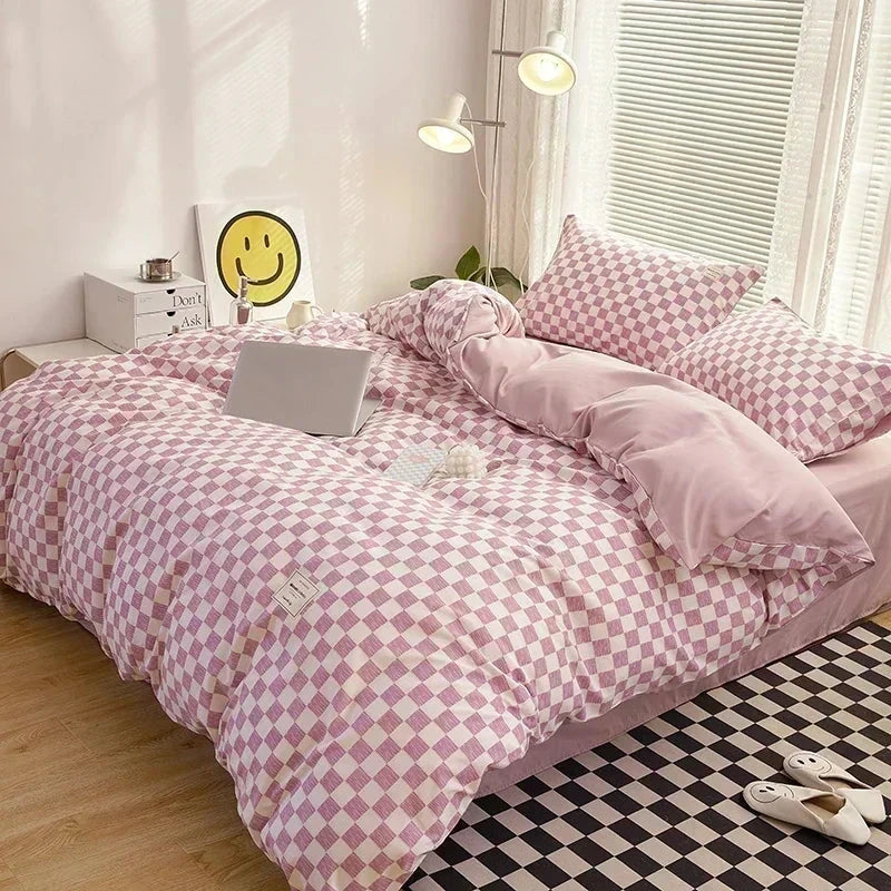 kawaiies-softtoys-plushies-kawaii-plush-Pastel Pink Purple Checked Plaid Bedding Set Bedding Sets Purple Single 