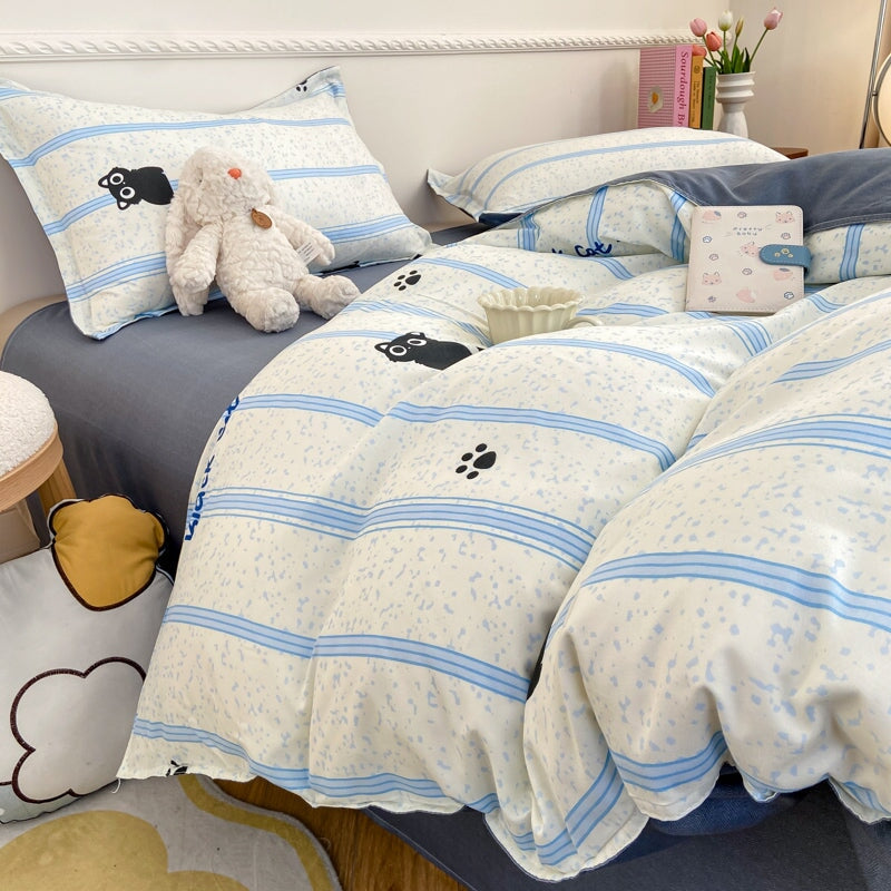 kawaiies-softtoys-plushies-kawaii-plush-Peach Blue Striped Black Cat Polyester Bedding Sets Bedding Sets 