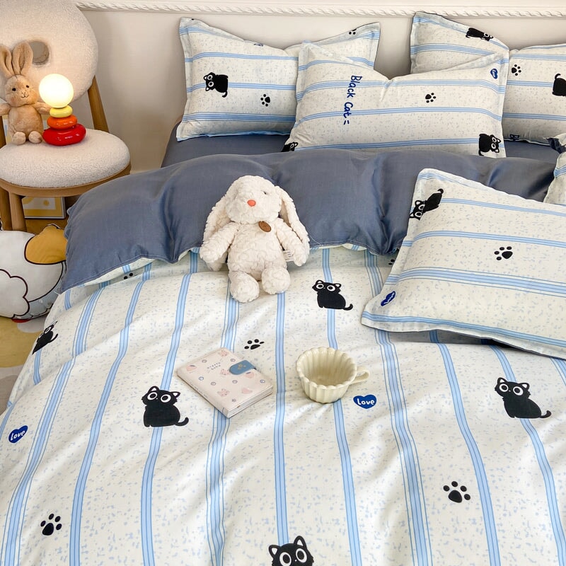 kawaiies-softtoys-plushies-kawaii-plush-Peach Blue Striped Black Cat Polyester Bedding Sets Bedding Sets 