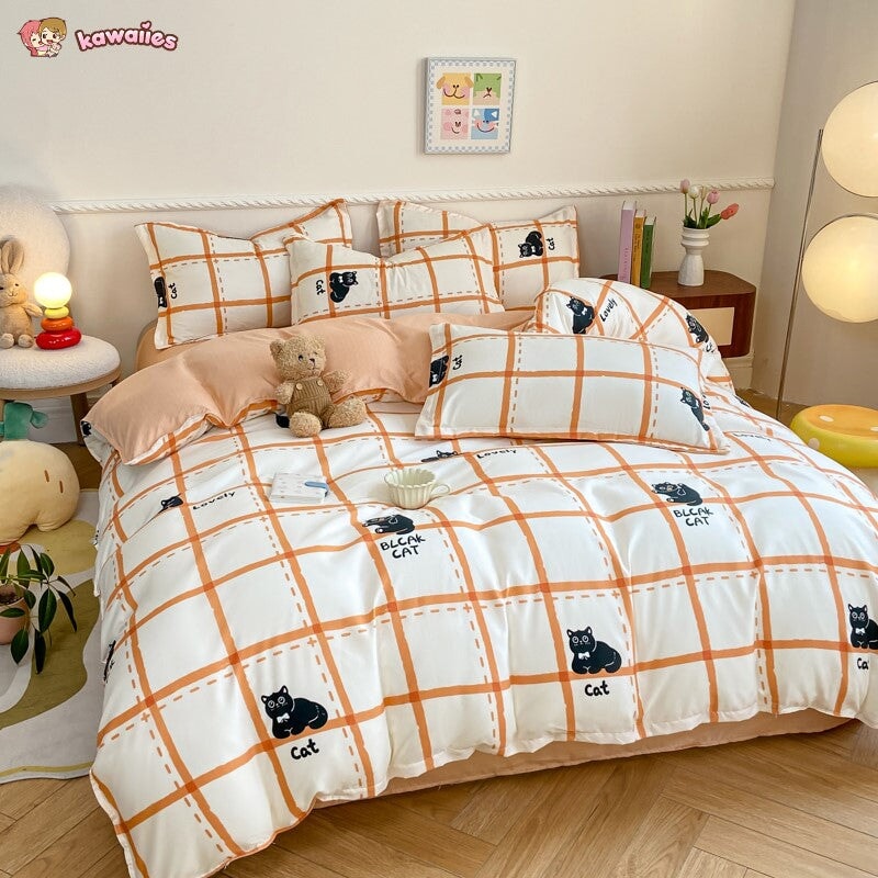 kawaiies-softtoys-plushies-kawaii-plush-Peach Blue Striped Black Cat Polyester Bedding Sets Bedding Sets 